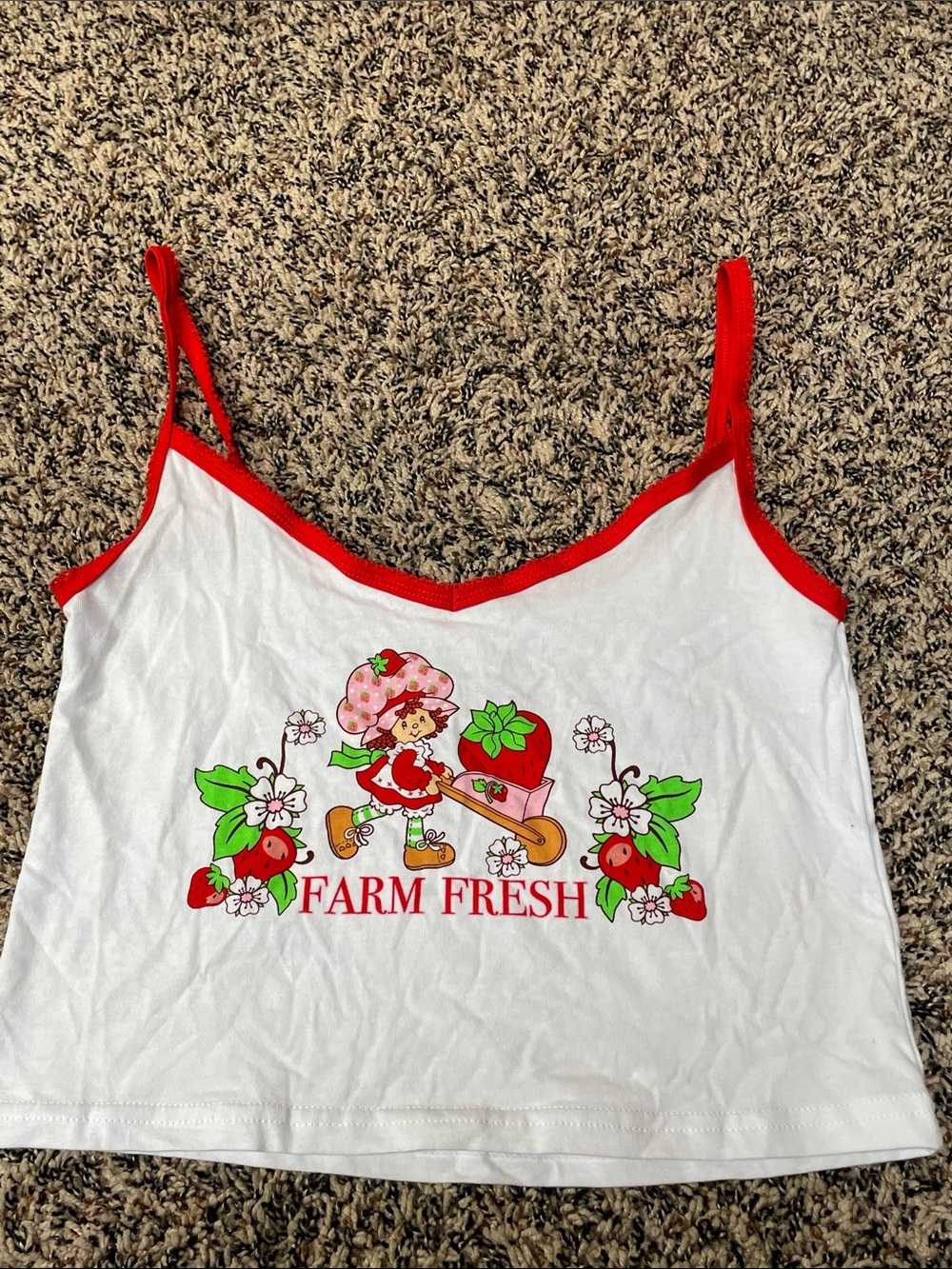 Strawberry Shortcake Tiny Graphic Lace Trim Cropped Tank Top Size XS | NWOT